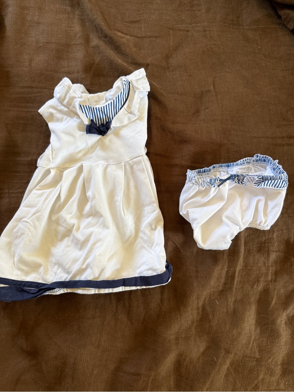 Mayoral White & Navy Baby Dress with Bloomers